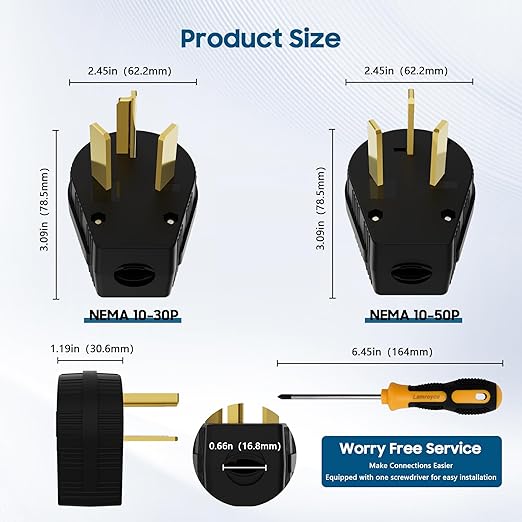 NEMA 10-30/50P Straight Blade Angle Plug, AC Dryer Replacement Male Angle Plug,3 Pole 3 Wire Non-Grounding Heavy Duty Universal Power Male Connector for Dryers 30/50Amp,125/250Volt-with 1 Screwdriver