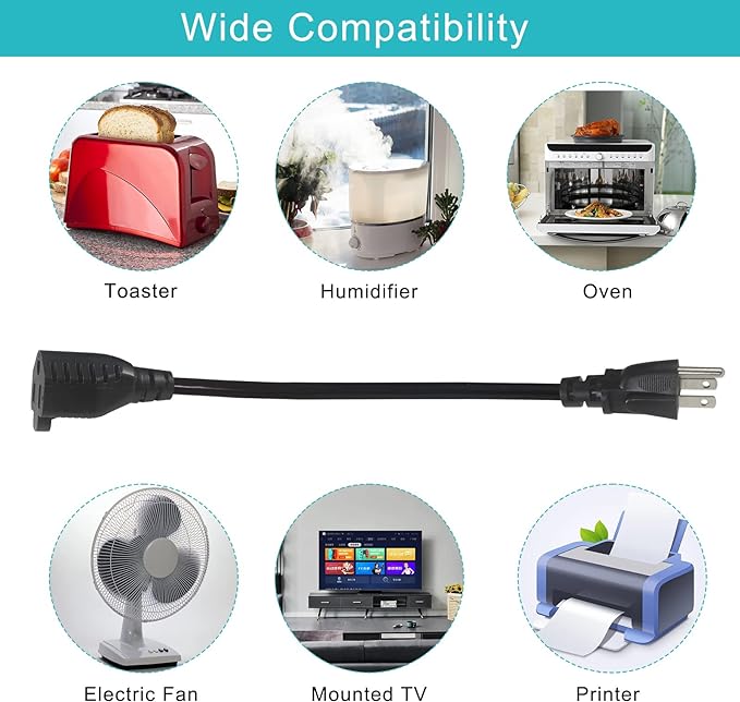 1FT Short Power Extension Cord 1FT - Short 3 Prong Extension Cord Outlet Saver Indoor SJT 16 AWG Heavy Duty 1 Foot AC Power Extensions Cable with NEMA 5-15P to NEMA 5-15R Connector (5PACK)
