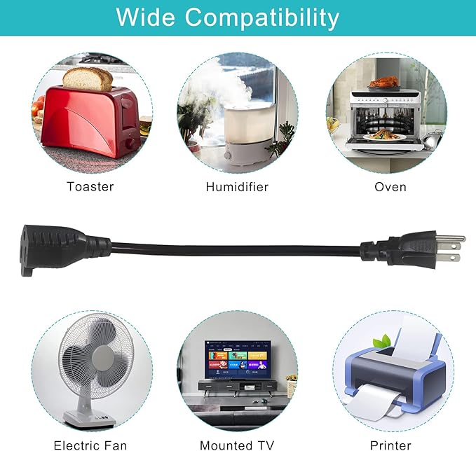 1FT Short Power Extension Cord 1FT - Short 3 Prong Extension Cord Outlet Saver Indoor SJT 16 AWG Heavy Duty 1 Foot AC Power Extensions Cable with NEMA 5-15P to NEMA 5-15R Connector (2PACK)