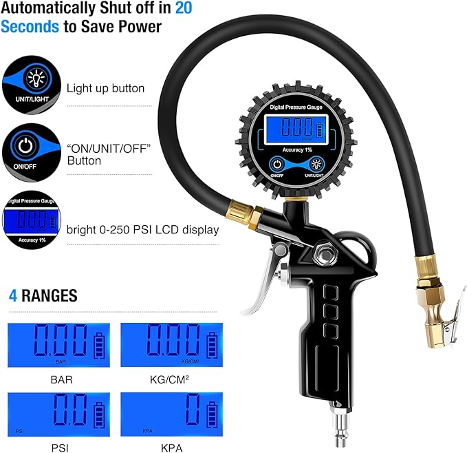 Nilight 50026R Digital Tire Inflator Pressure Gauge,250 PSI Air Chuck and Compressor Accessories Heavy Duty with Rubber Hose Quick Connect Coupler for 0.1 Display Resolution