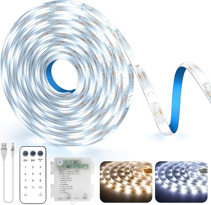 OMIKA Outdoor Led Strip Lights Waterproof, 16.5ft 150LED 2700K-6000K Tunable White USB & Battery Powered Led Strip Lights with Remote, Dimmable Timer Cuttable for Kitchen Bathroom Roof Yard Pool