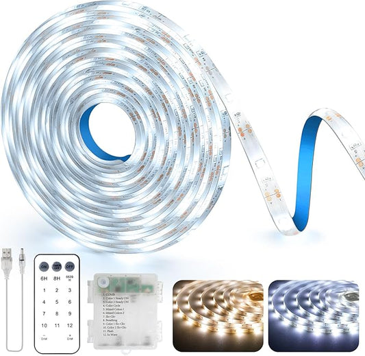 OMIKA Outdoor Led Strip Lights Waterproof, 16.5ft 150LED 2700K-6000K Tunable White USB & Battery Powered Led Strip Lights with Remote, Dimmable Timer Cuttable for Kitchen Bathroom Roof Yard Pool