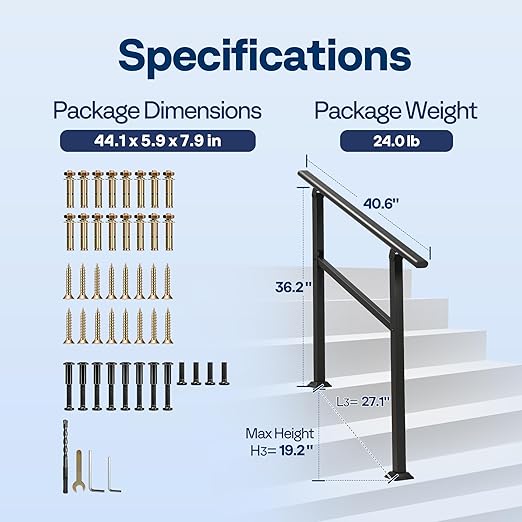 VIVOHOME 2-Pack 3 Step Hand Rails for Outdoor Steps, Galvanized Steel Railing, Black Oval Exterior Hand Railing for Porch, Deck, or Indoor Stairs, Railing Kit