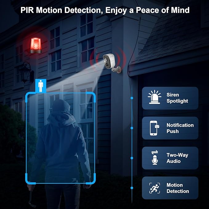 Security Cameras Wireless Outdoor, 2K Battery Powered Indoor Camera/WiFi Camera for Home Security with AI Motion Detection, Color Night Vision, Spotlight, Siren, Waterproof, SD/Cloud Storage