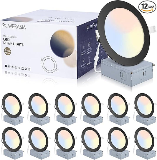 12 Pack Recessed Lighting 6 Inch with Junction Box, 5CCT 6 Inch Black LED Recessed Lights Dimmable 2700K/3000K/4000K/5000K/6000K, 15W1200lm Ultra Thin Recessed Lighting - ETL and Energy Star Certified
