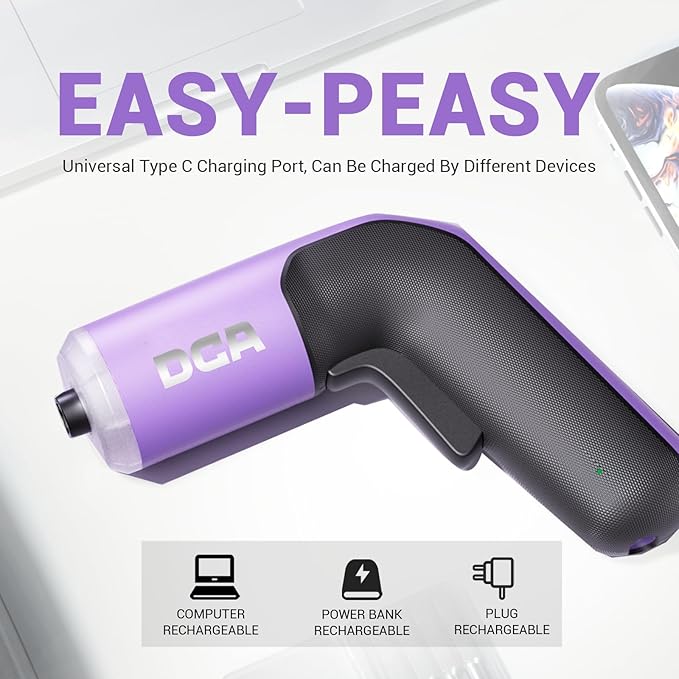 4V Electric Screwdriver Set, 5 N.m with 2000 mAh Li-ion Battery, 1/4" Magnetic Hex Chuck, USB-C Charging Cable, 18 Driver Bits for Furniture Repairs, Purple