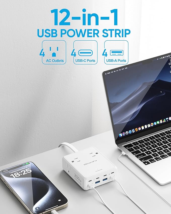 230W USB Power Strip, 5FT Flat Plug Extension Cord with 4 AC Outlets 8 USB Ports(4 USB C&4 USB A), 2000 Joules Surge Protector, Multiple USB Outlet Strip, Home Office Dorm Travel Essentials