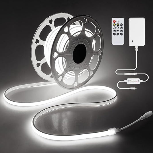 Outdoor LED Light Strips with Remote 32.8FT 24V LED COB Light Strip 6000K Daylight White Waterproof LED Tape Light Flexible Tunable 3200LEDs/10M for Patio Balcony (Adapter are Included)