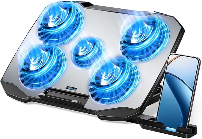 Laptop Cooling Pad,Gaming Laptop Cooler with 5 Quiet Fans for 12-15.6 Inch,Laptop Cooling Stand with 5 Height Adjustable,2 USB Ports, Phone Stand