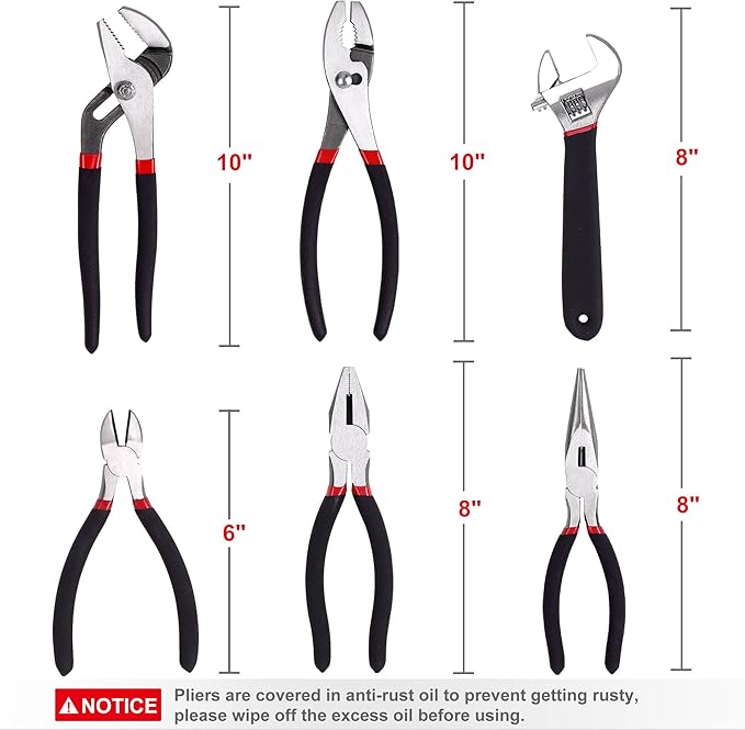 FASTPRO 6-Piece Utility Pliers and Wrench Set, Includes 10" Groove Joint, 10" Slip Joint, 8" Linesman, 8" Long Nose, 6" Diagonal Pliers and 8" Adjustable Wrench