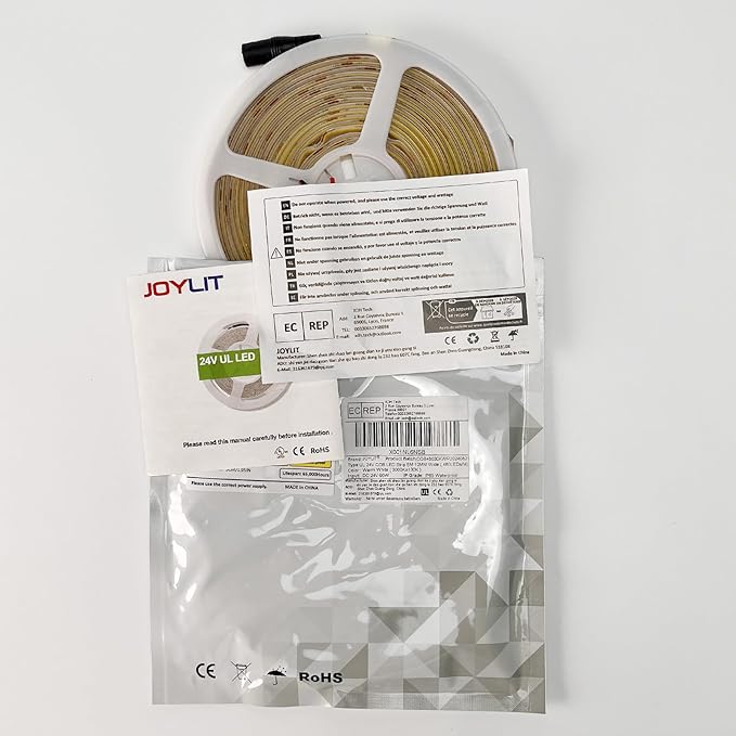 JOYLIT 24V COB LED Strip Lights Waterproof 3000K 550LM/FT Super Bright 16.4ft 2400LEDs CRI 95+, UL PRO 90W Dimmable Warm White Adhesive LED Tape for Commercial, Residential