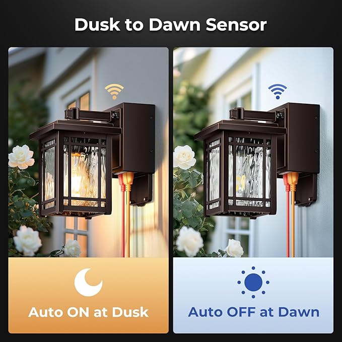 Front Porch Lights with GFCI Outlet, Oil Rubbed Bronze Dusk to Dawn Outdoor Wall Lantern, Anti-Rust Outdoor Garage Lights Wall Mount, Exterior Sconce Lighting Fixtures with Water Ripple Glass