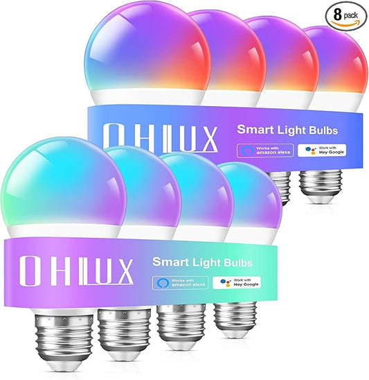 OHLUX Smart Light Bulbs 8Pack, WiFi & Bluetooth, RGB Color Changing, 100W Equivalent, Dimmable, A19 E26 110V, Compatible with Alexa, Google Assistant, Music Synic