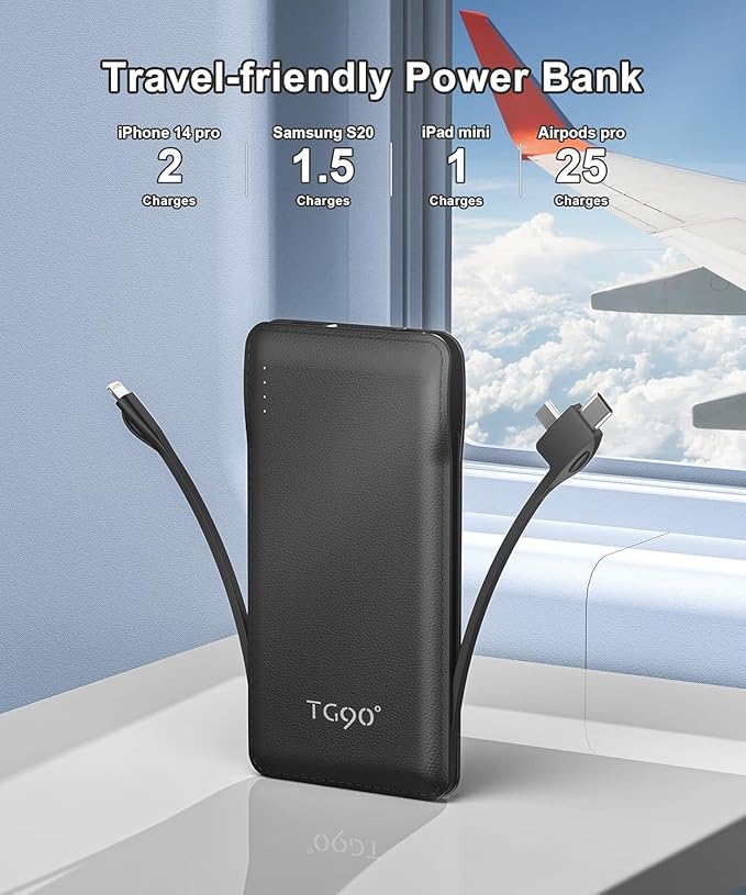 TG90° Portable Charger with Cords 10000mAh Power Bank with Built in Cables Battery Backup Cell Phone External Battery Pack Compatible with iPhone 16 15 14 13 12 Samsung S22 S21 Google iPad etc