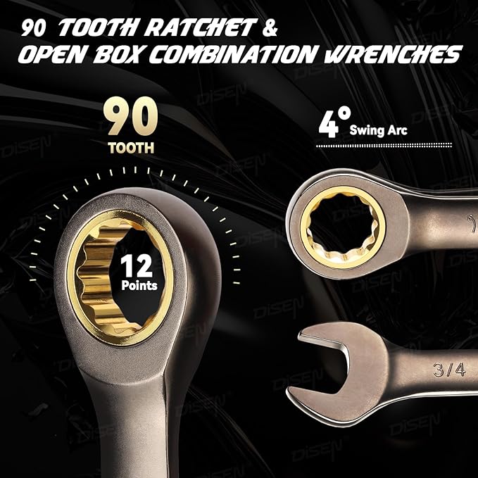 DISEN Upgraded 22-Piece Ratcheting Wrench Set, Metric & SAE, Chrome-Vanadium Steel, 90 Tooth Ratchet with Organizer