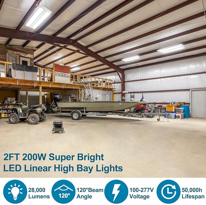 High Bay LED Shop Light 2 Pack 2FT 200W 28000LM, 4000K/5000K Selectable 100-277V, Linear High Bay Lights for Warehouse Workshop Supermarket Stadium, Power Tunable 200W/150W/100W, ETL