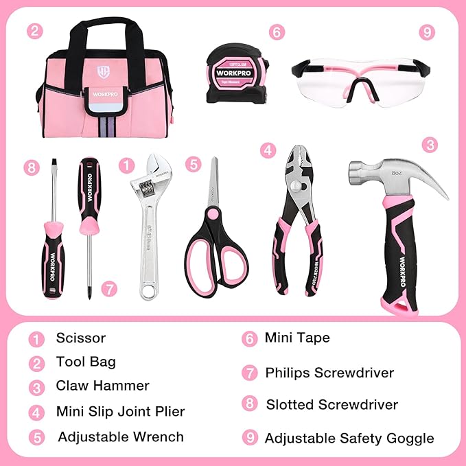 WORKPRO 9-Piece Kids Real Hand Tool Set, Pink Junior Tool Kit with Storage Bag for Boys, Girls, Children DIY Building and Woodworking, Age 8+