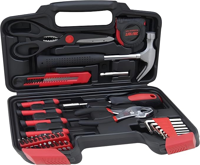 39-Piece Household Tools Kit - Comprehensive and Essential Repair Set Tools for College Students, Home Use & More (39p-red)