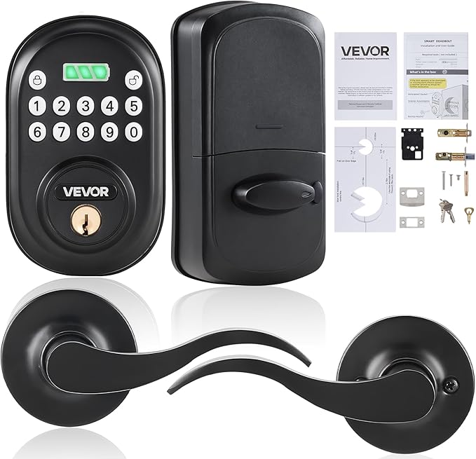 VEVOR Keyless Entry Door Lock with Handle, Electronic Keypad Entry Lever, Password and Key Unlock Combination, Auto-Locking Keypad with Deadbolt, One-time Password, for Front Door, Matte Black