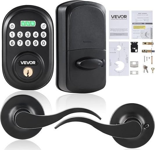 VEVOR Keyless Entry Door Lock with Handle, Electronic Keypad Entry Lever, Password and Key Unlock Combination, Auto-Locking Keypad with Deadbolt, One-time Password, for Front Door, Matte Black