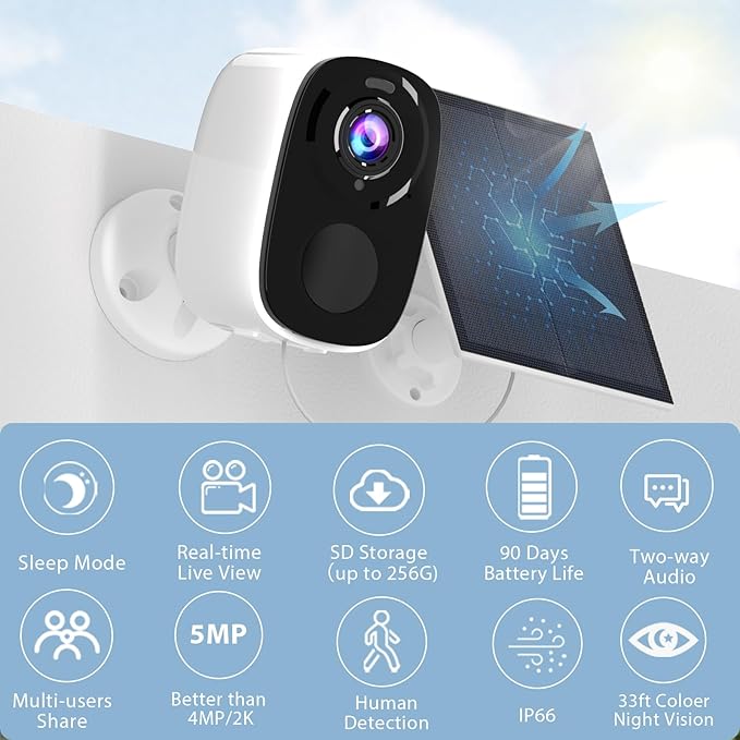 Rraycom 5MP Security Cameras Wireless Outdoor Solar Powered with AI Detection, 2K Color Night Vision Security Camera with 2 Way Audio, Alexa, No Monthly Fee, Spotlight & Siren, IP65 Waterproof