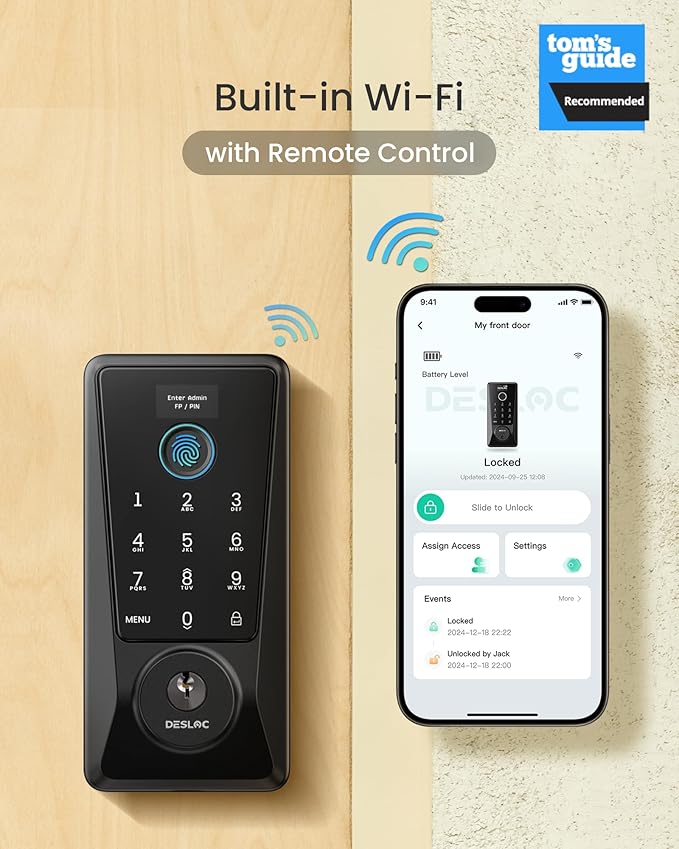 DESLOC Smart Lock D110 Plus, Fingerprint Keyless Entry Door Lock, Built-in Wi-Fi, App Remote Control, Smart Locks for Front Door, Keypad Deadbolt with LockVue Display, IP54, BHMA Grade 3, Black