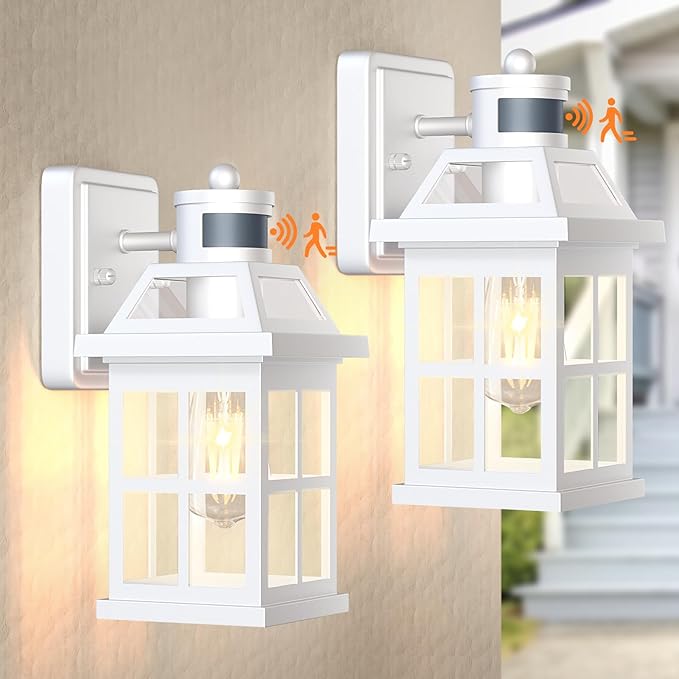 White Motion Sensor Outdoor Porch Lights Upgraded, Anti-Rust Aluminum Wall Mounted Light Fixtures Coastal Exterior Lights Wall Lantern Sconces Dusk to Dawn Outdoor Lighting, ETL Certified