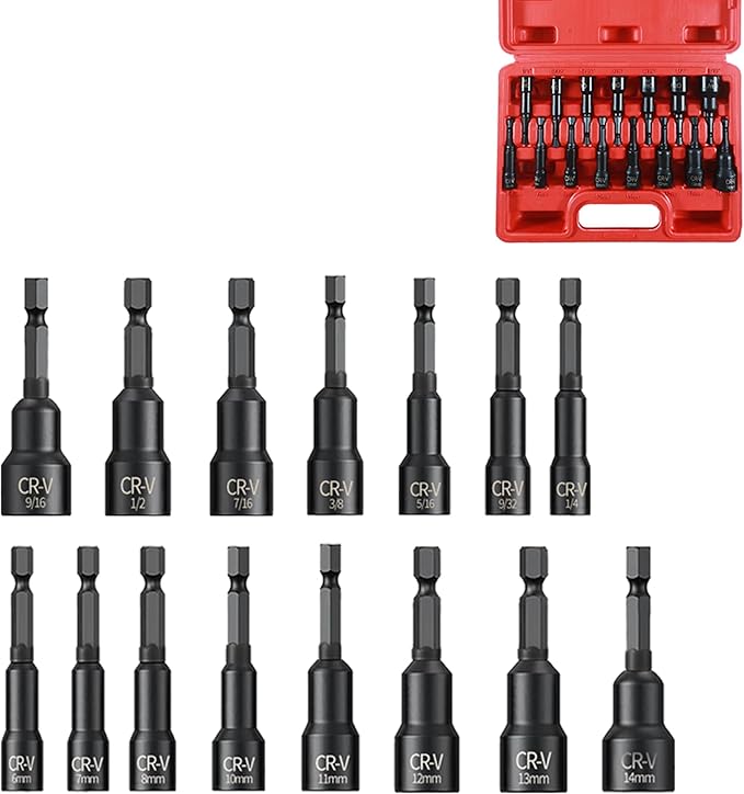 15PCS Magnetic Nut Driver Set,Impact Power Hex Nut Driver Drill Bit Master Kit, SAE & Metric, 1/4-Inch Quick-Change|Cr-V Steel