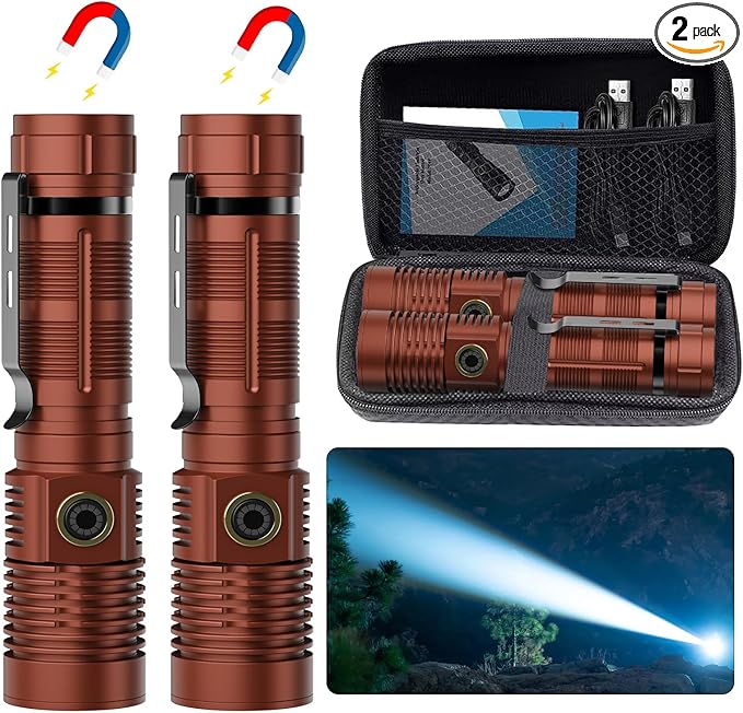 Small Tactical Flashlights High Lumens - 1500 Meters Long Beam Super Bright LED Magnetic Flashlight USB Rechargeable Zoomable 5Modes Long Beam Spotlight Flashlight for Hiking, Camping-Brown