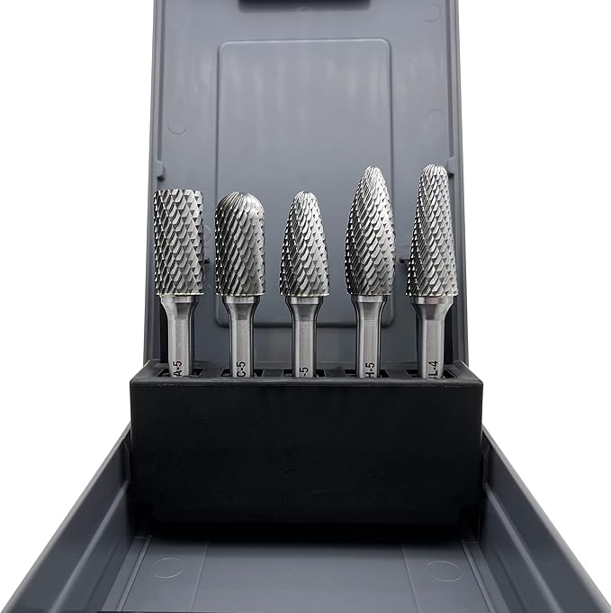 Carbide Burrs Set 5pcs, Double Cut Solid Carbide Rotary Burr Set 1/4" Shank for Die Grinder Drill,Metal Carving, Polishing,Engraving,Drilling by LU&MN