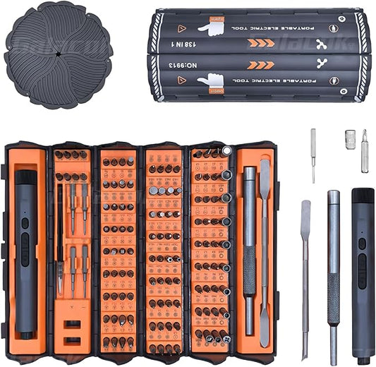 3.7V Mini Electric Screwdriver, 138 in 1 Cordless Screwdriver Rechargeable, 120 Magnetic S2 Steel Bits,Repair Tool Kit with LED Light, Pry Bar, Suitable for Electronics, Phone, Camera, Watch (Orange)