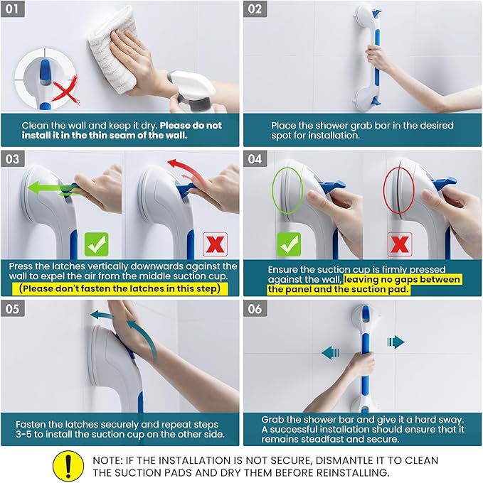 TAILI Shower Grab Bar 2 Pack Suction Grab Bars for Bathtubs and Showers, Heavy Duty Shower Handle Removable Bathroom Safety Grip for Seniors and Elderly, Shower Handrails No Drilling Waterproof, Blue