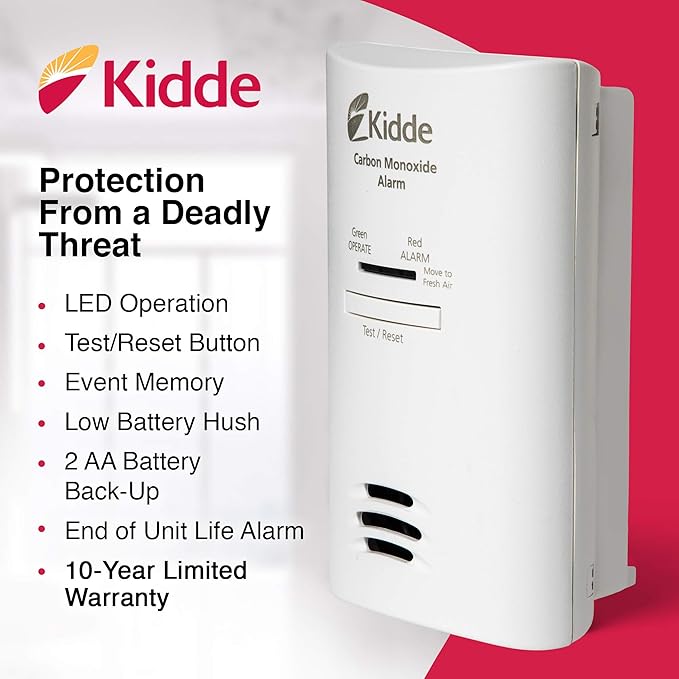 Kidde Carbon Monoxide Detector, Plug in Wall with AA Battery Backup, Test-Hush Button