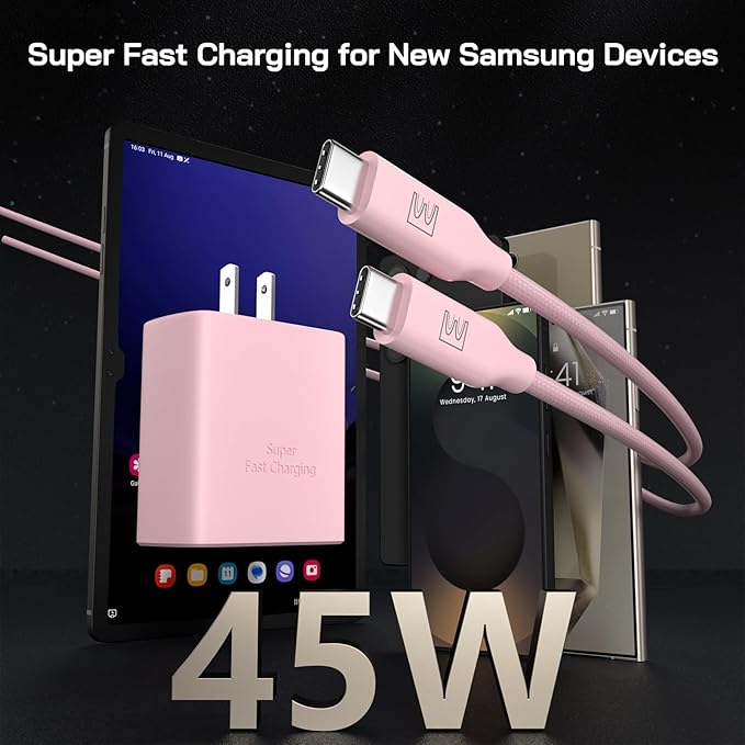 45W Super Fast Charger Type C, [2 Pack] 45 Watt USB-C Charger PD/PPS Wall Charging Block for Samsung Galaxy S25 Ultra/S24/S23 Ultra/S23+/S22 Ultra/S22+/S20 Ultra, Tab S8(Pink, with 2X 10ft Cable)