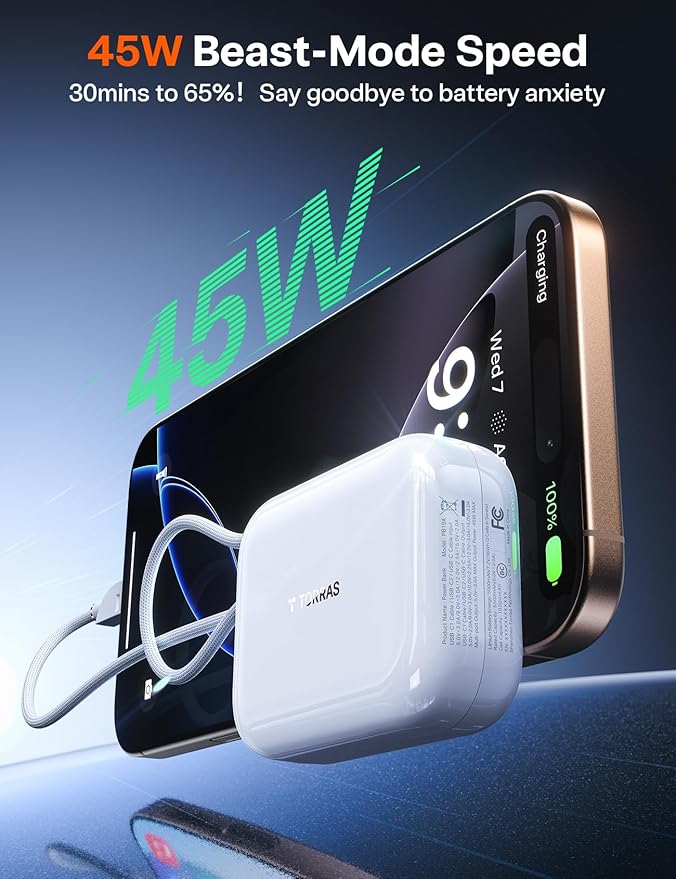 TORRAS 10000mah 45W Power Bank Portable Charger Fast Charging [Ultra Compact] Built in Cable USB C, Travel Essentials Phone Battery Pack Powerbank for iPhone 16 15, Samsung Google Moto etc