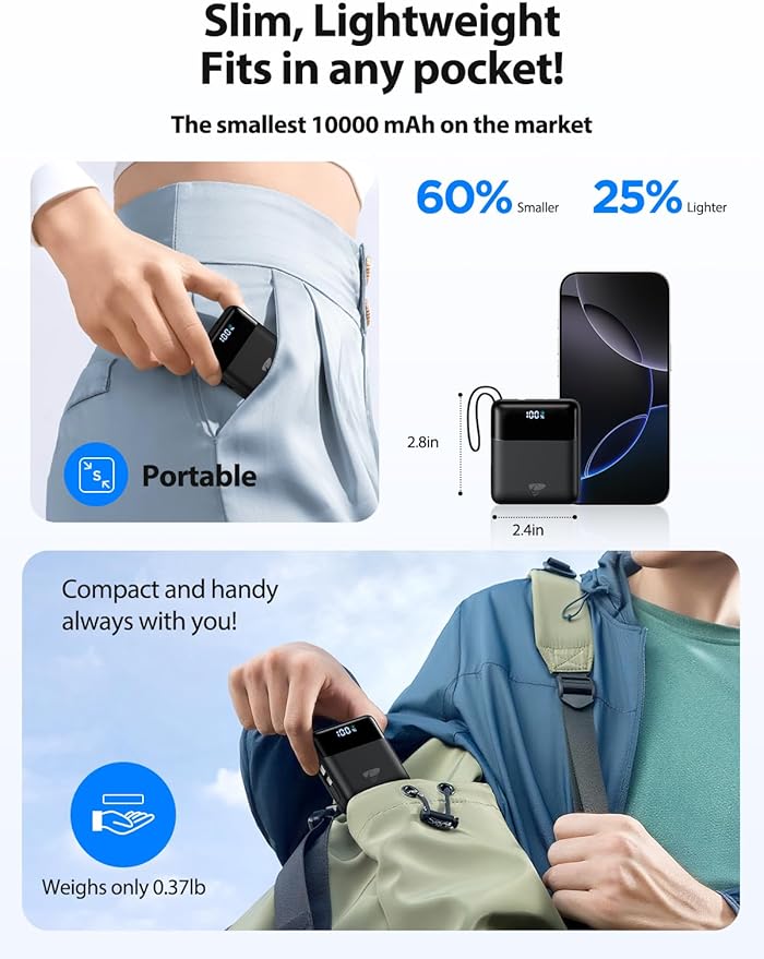 Aioneus Portable Charger 10000mAh, 22.5W Power Bank Fast Charging, Battery Pack with Built-in USBC Cables, Small Portable Charger Power Bank for iPhone 17/16/15/14/13/12, Samsung S25/S24/S23, Android