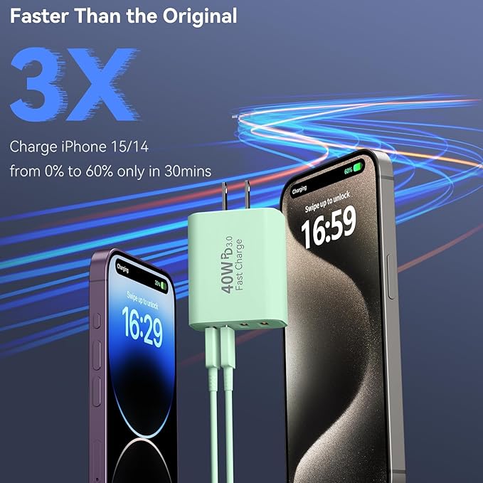 USB C Wall Fast Charger Block, 40W 4-Port Type C Chargers Fast Charging Blocks PD Power Charger Adapter+QC 3.0 USB Multiport Charger Brick for Phone 17/16/15/14/13/12 Pro Max, i-Pad, Galaxy S25-2Pack