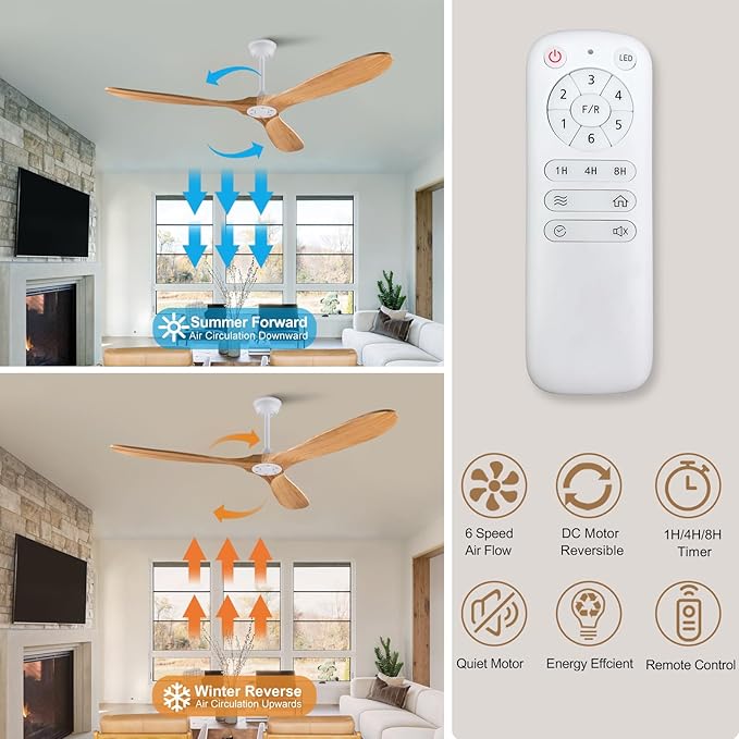 60'' Ceiling Fans Without Light, Solid Wood Ceiling Fan No Light with Remote and 3 Wood Blades,6 Speed DC Motor Indoor Outdoor Ceiling Fans for Patio, Living Room, Bedroom, Office