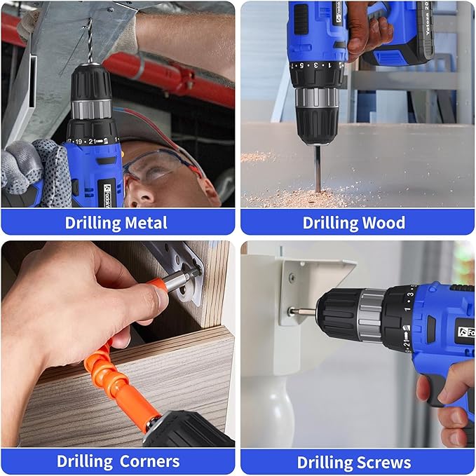 20V Electric Drill Set with Battery and Charger, 30N Torque, 21+1 Settings, 3/8-Inch Keyless Chuck, LED Electric Drill Set (Blue)