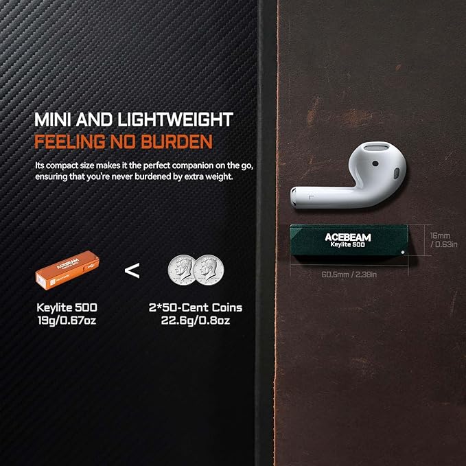 ACEBEAM Keylite 500 High Lumens Keychain Flashlight Rechargeable, Ultra-Compact Flat Pocket EDC Flashlight with Dual LEDs, 6 Modes, Type-C Charging, Small MINI Flash Light for Emergency, Home, Outdoor