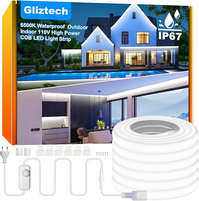 IP67 Waterproof COB LED Strip Lights AC 120V Direct Plug, 33FT Super Bright Outdoor Strip Lights with Double Fuse Controller, 6500K White LED Strips for Garden Patio Commercial Decor