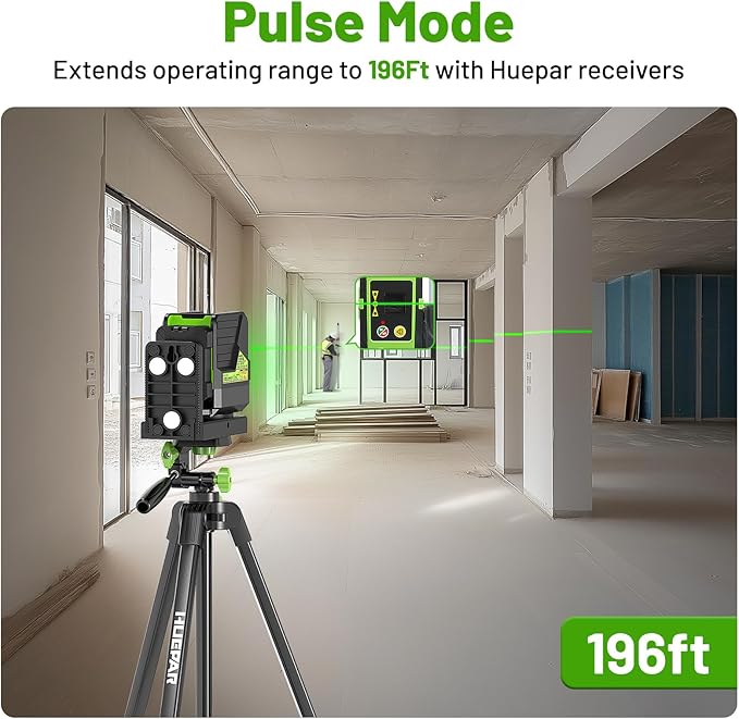 Huepar Laser Level with 60in Tripod, 1/13 High Accuracy Self Leveling Green Cross Line Lazer Leveler for Picture Hanging, Tile, Home Renovation, with Pluse Mode for Outdoor, Carry Case, Glasses