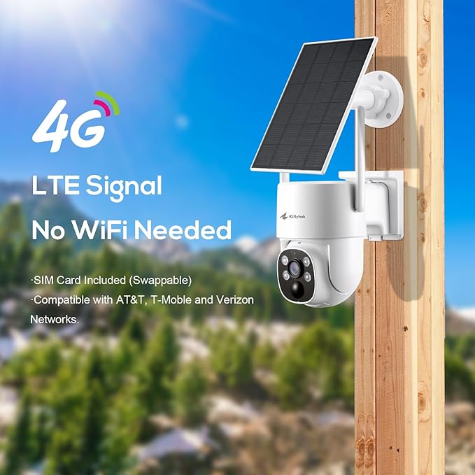 Kittyhok 4G LTE Cellular Solar Security Camera Wireless Outdoor, 2K No WiFi Security Camera, 360° Live View Pan/Tilt, Color Night Vision, 2 Way Talk, PIR Motion Sensor, Siren, Built-in SIM Card