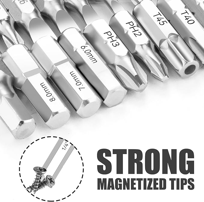 44 Piece Screwdriver Bit Set, Torx Slotted Phillips HEX Bit Set, 1/4 Inch Hex Shank S2 Steel Magnetic 1" Long Drill Bits