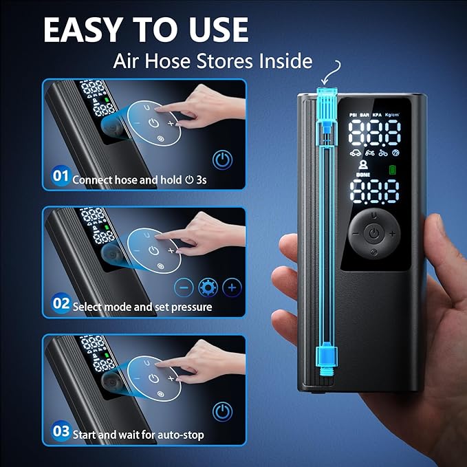 Tire Inflator Portable Air Compressor, 3X Faster Inflation Cordless Air Pump for Car Tires with Digital Pressure Gauge/LED Light, 150PSI Tire Pump with Auto Shut-Off for Car, Motorcycle, Bicycle, Ball