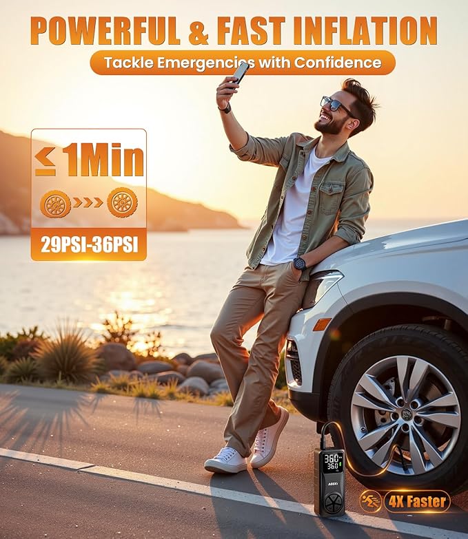 Tire Inflator Portable Air Compressor: 20000mAh & 150PSI Fast Inflation Air Pump for Car Moto Bike Ball - One-Button Control - Senior-Friendly Solution for Elderly Drivers