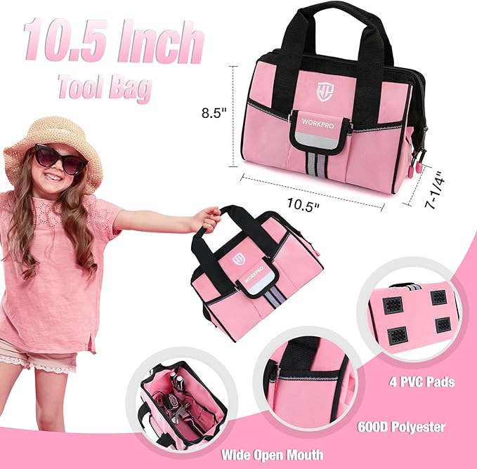 WORKPRO 9-Piece Kids Real Hand Tool Set, Pink Junior Tool Kit with Storage Bag for Boys, Girls, Children DIY Building and Woodworking, Age 8+