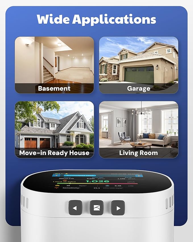 HOUND-3786 Home Radon Monitor, Long-Term Logging & Data Charts, 10-Min Refresh, Rechargeable, 3.5" Display, Sound & Light Alarm, PDF Report, pCi/L & Bq/m³ - White