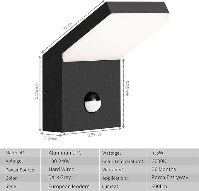 Wall Light Outdoor LED Mount Lamp Wall Sconce Lighting with Motion Sensor Lantern Fixture Black Aluminum Lights for Porch Front Door Garden Yard Patio Waterproof 18W 1800Lm 3000K