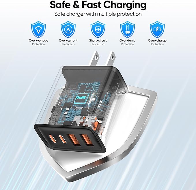 [2-Pack] USB C Wall Charger,80W 4-Port Type C Fast Charging Block,USBC Multiport Wall Plug PD&QC GaN Charging Cube with USB C Cable for iPhone 16/15/14/13/12/11/Pro Max/XS/XR, iPad, Samsung（Black
